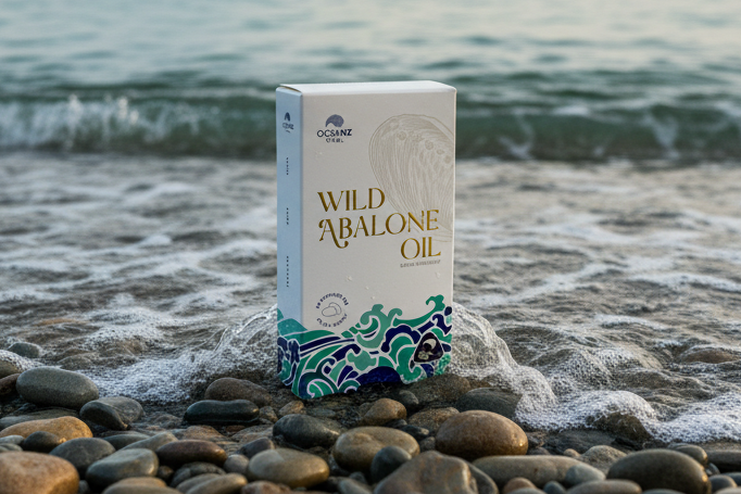Abalone oil supplement on stony beach with soft morning light